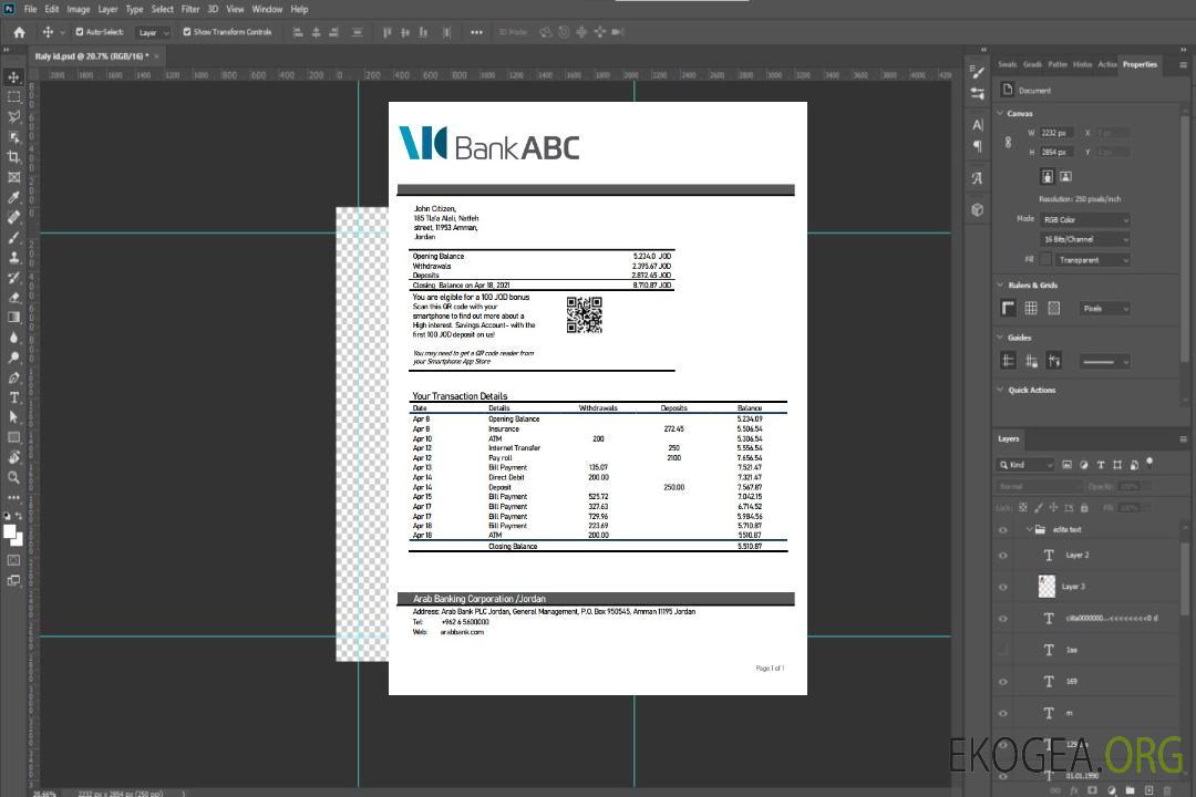 Relevé de la banque ABC de Jordanie template Relevé de la banque ABC de Jordanie template